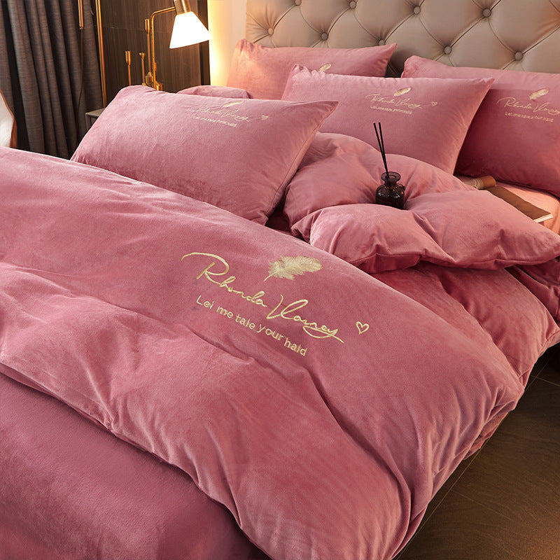 Winter Thick Coral Fleece Quilt Cover Double-sided With Velvet Flannel Bed Sheet Four-piece Set