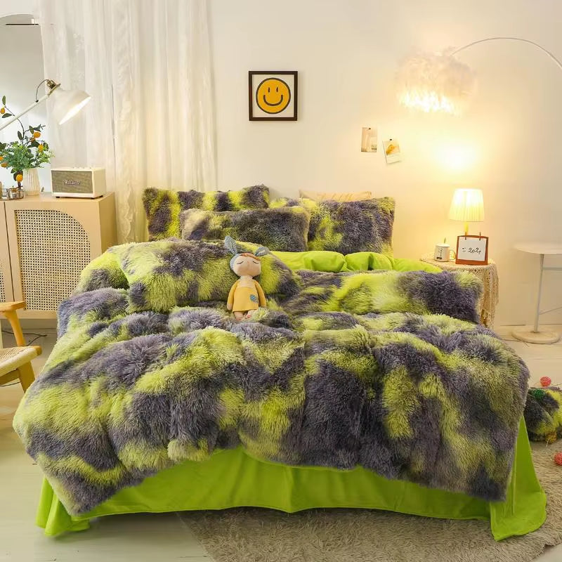 Gradient Color Plush Shaggy Ultra Soft Bedding Sets 4Pcs Twin Double Queen King(1Faux Fur Duvet Cover +1Bed Sheet+2Pillowcases)
