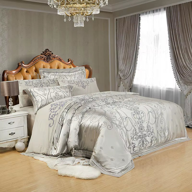 Sliver Gold Luxury Silk Satin Jacquard Duvet Cover Bedding Set Queen King Size Embroidery Bed Set Bed Sheet/Fitted Sheet Set