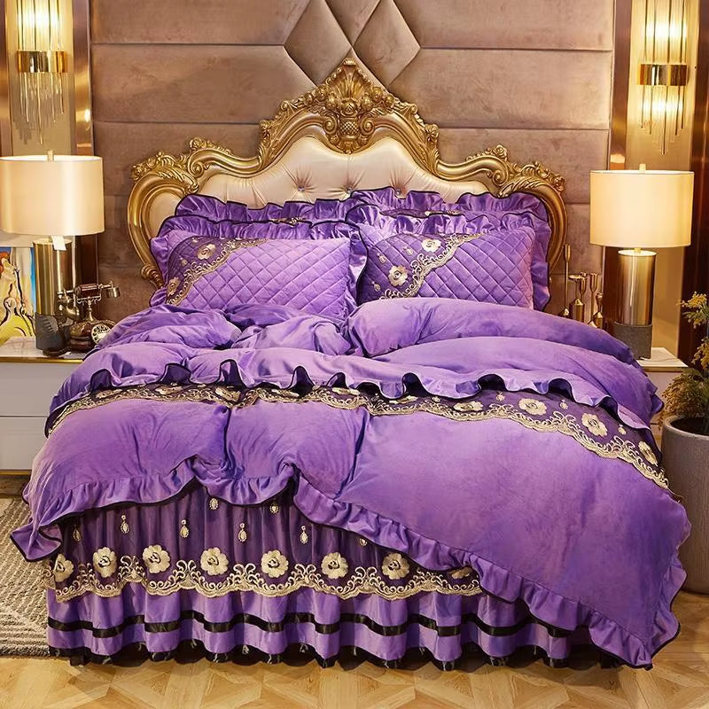 Heavyweight Velvet Duvet Cover Set Soft Warm Luxury Plush Shaggy Lace Bedding Set Quilted Bedskirt Bedspread Pillowcases 4/6Pcs