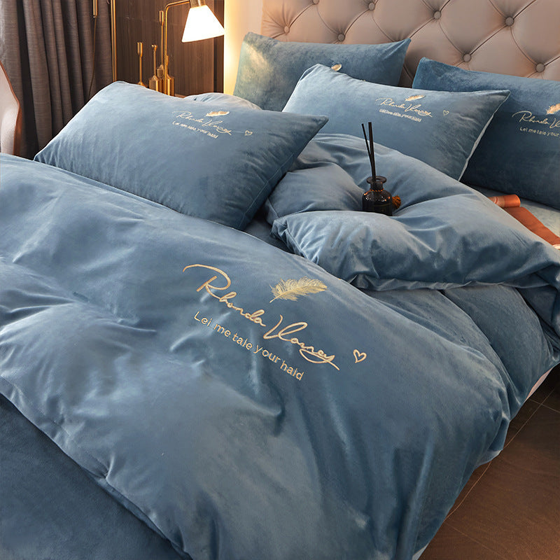 Winter Thick Coral Fleece Quilt Cover Double-sided With Velvet Flannel Bed Sheet Four-piece Set