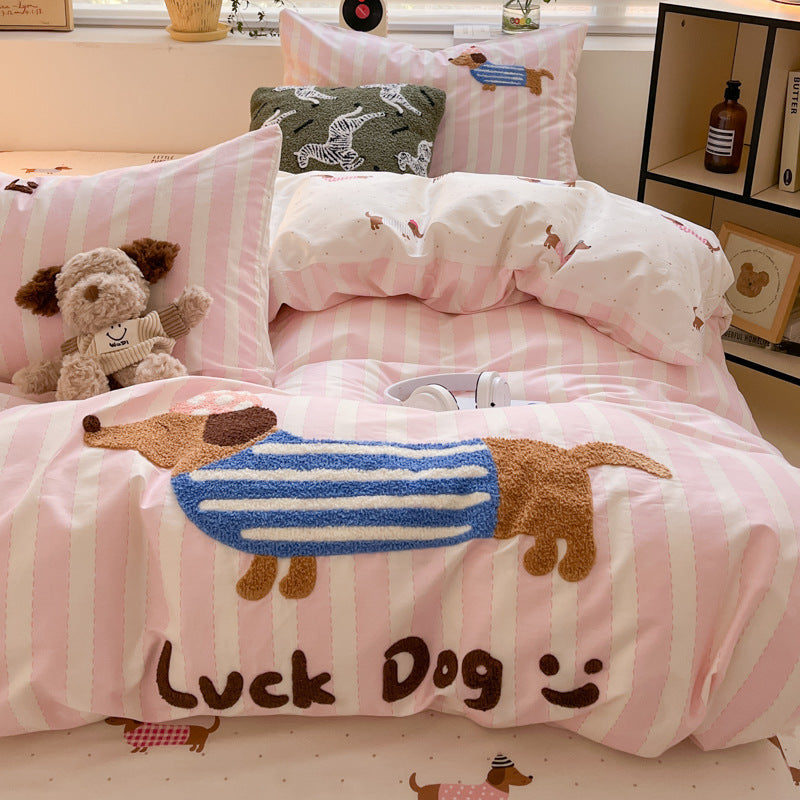 Cotton Towel Embroidery Four-piece Set Bed Sheet Fitted Sheet Thickened