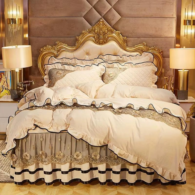 Heavyweight Velvet Duvet Cover Set Soft Warm Luxury Plush Shaggy Lace Bedding Set Quilted Bedskirt Bedspread Pillowcases 4/6Pcs