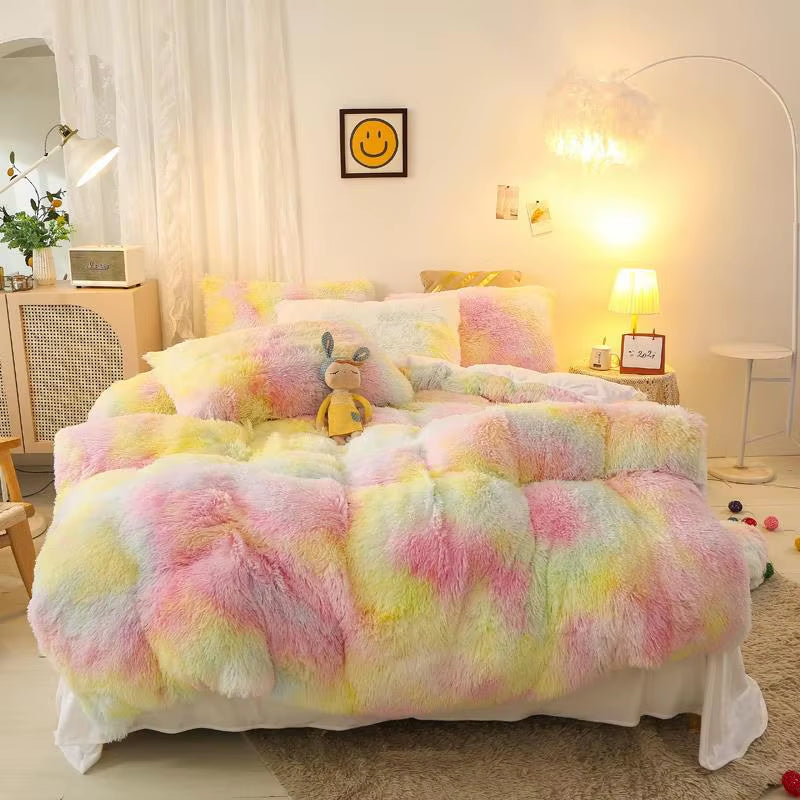 Gradient Color Plush Shaggy Ultra Soft Bedding Sets 4Pcs Twin Double Queen King(1Faux Fur Duvet Cover +1Bed Sheet+2Pillowcases)