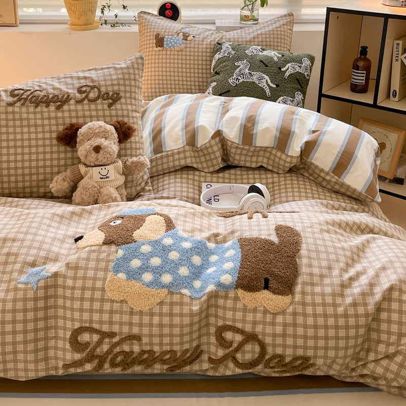 Cotton Towel Embroidery Four-piece Set Bed Sheet Fitted Sheet Thickened