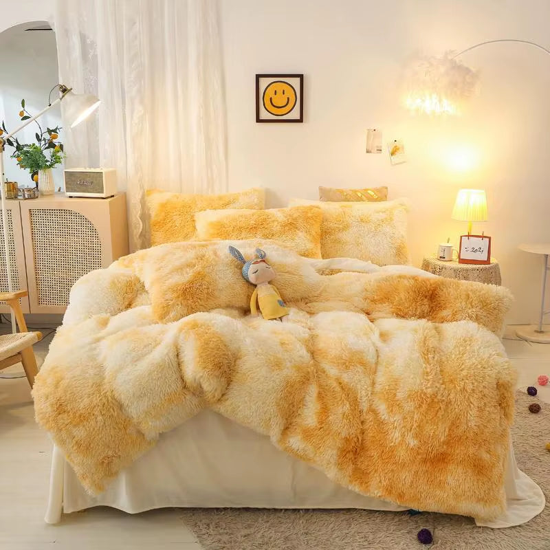 Gradient Color Plush Shaggy Ultra Soft Bedding Sets 4Pcs Twin Double Queen King(1Faux Fur Duvet Cover +1Bed Sheet+2Pillowcases)