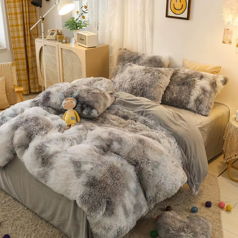 Gradient Color Plush Shaggy Ultra Soft Bedding Sets 4Pcs Twin Double Queen King(1Faux Fur Duvet Cover +1Bed Sheet+2Pillowcases)