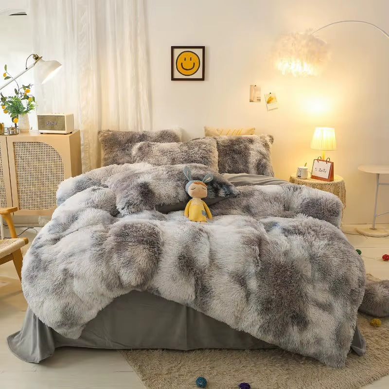 Gradient Color Plush Shaggy Ultra Soft Bedding Sets 4Pcs Twin Double Queen King(1Faux Fur Duvet Cover +1Bed Sheet+2Pillowcases)