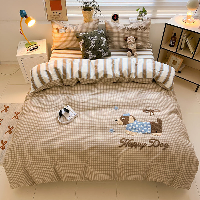 Cotton Towel Embroidery Four-piece Set Bed Sheet Fitted Sheet Thickened