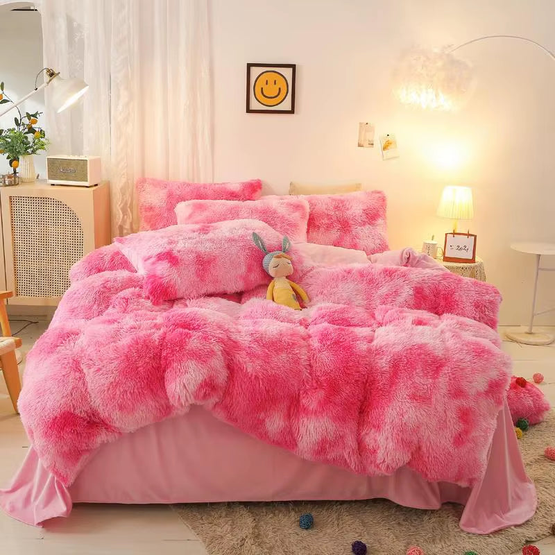 Gradient Color Plush Shaggy Ultra Soft Bedding Sets 4Pcs Twin Double Queen King(1Faux Fur Duvet Cover +1Bed Sheet+2Pillowcases)
