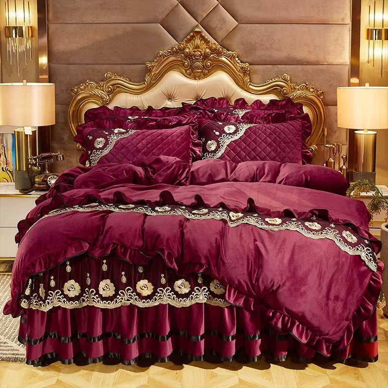 Heavyweight Velvet Duvet Cover Set Soft Warm Luxury Plush Shaggy Lace Bedding Set Quilted Bedskirt Bedspread Pillowcases 4/6Pcs