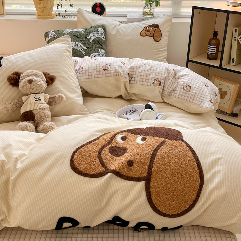 Cotton Towel Embroidery Four-piece Set Bed Sheet Fitted Sheet Thickened