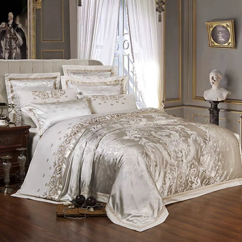 Sliver Gold Luxury Silk Satin Jacquard Duvet Cover Bedding Set Queen King Size Embroidery Bed Set Bed Sheet/Fitted Sheet Set