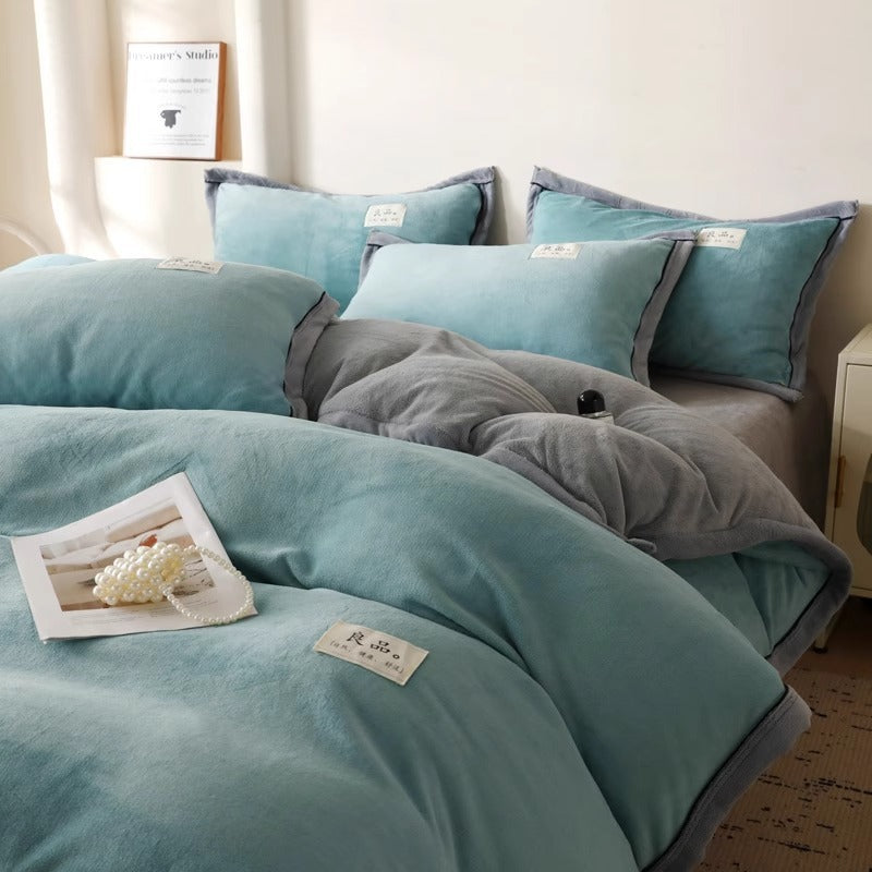 Winter Thick Coral Fleece Quilt Cover Double-sided With Velvet Flannel Bed Sheet Four-piece Set