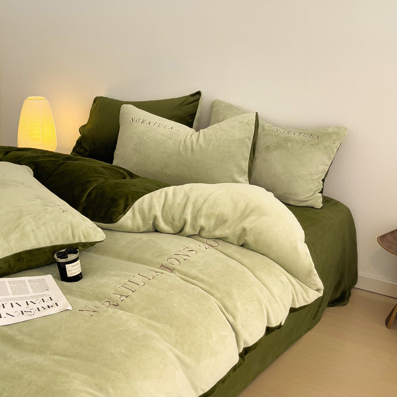 Winter Thick Coral Fleece Quilt Cover Double-sided With Velvet Flannel Bed Sheet Four-piece Set
