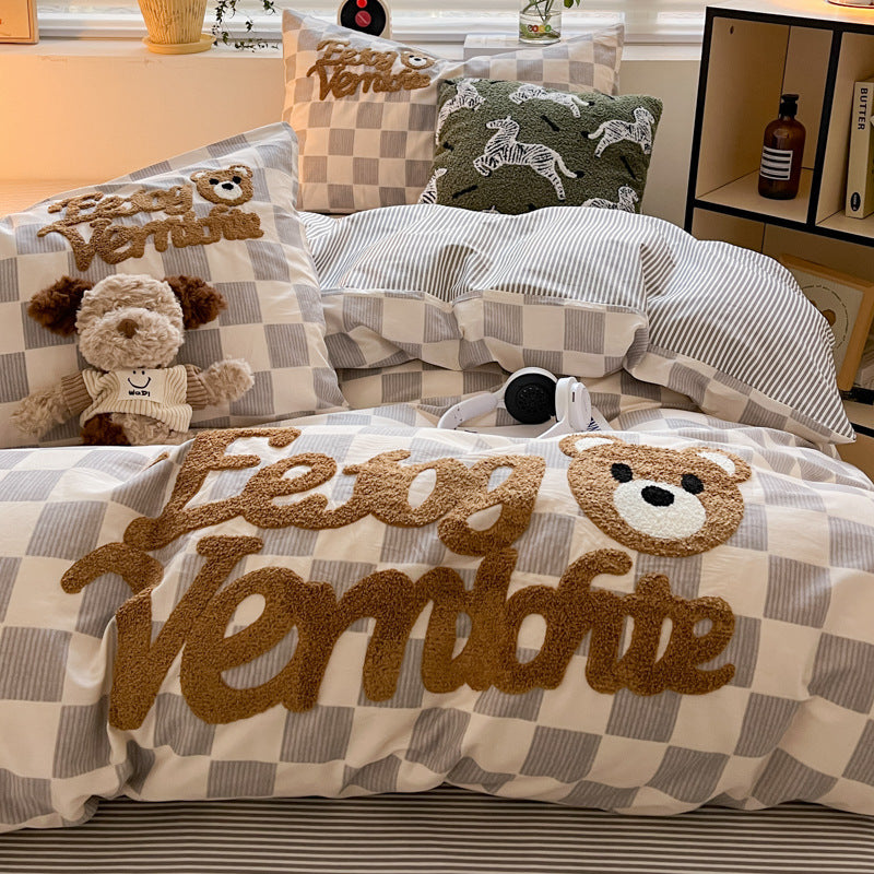 Cotton Towel Embroidery Four-piece Set Bed Sheet Fitted Sheet Thickened