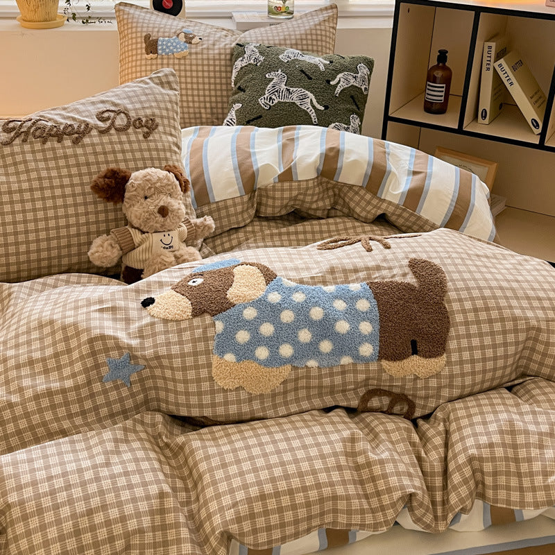 Cotton Towel Embroidery Four-piece Set Bed Sheet Fitted Sheet Thickened