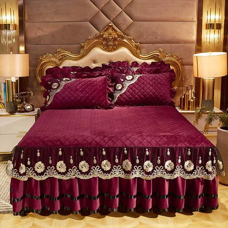 Heavyweight Velvet Duvet Cover Set Soft Warm Luxury Plush Shaggy Lace Bedding Set Quilted Bedskirt Bedspread Pillowcases 4/6Pcs