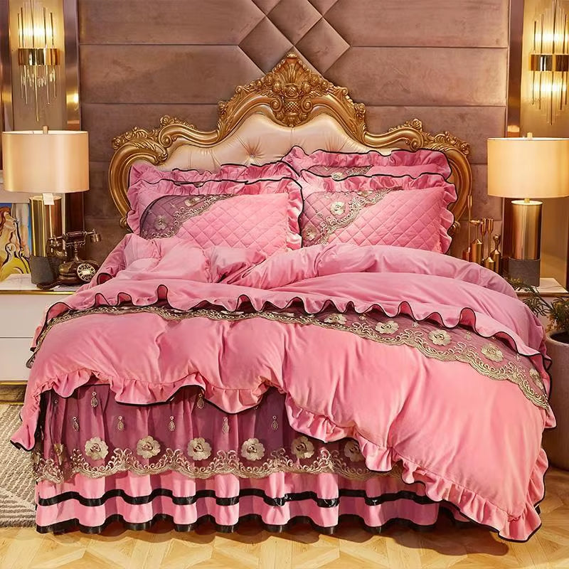 Heavyweight Velvet Duvet Cover Set Soft Warm Luxury Plush Shaggy Lace Bedding Set Quilted Bedskirt Bedspread Pillowcases 4/6Pcs