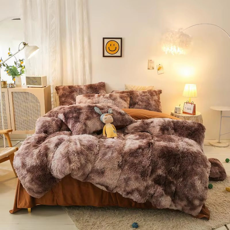 Gradient Color Plush Shaggy Ultra Soft Bedding Sets 4Pcs Twin Double Queen King(1Faux Fur Duvet Cover +1Bed Sheet+2Pillowcases)