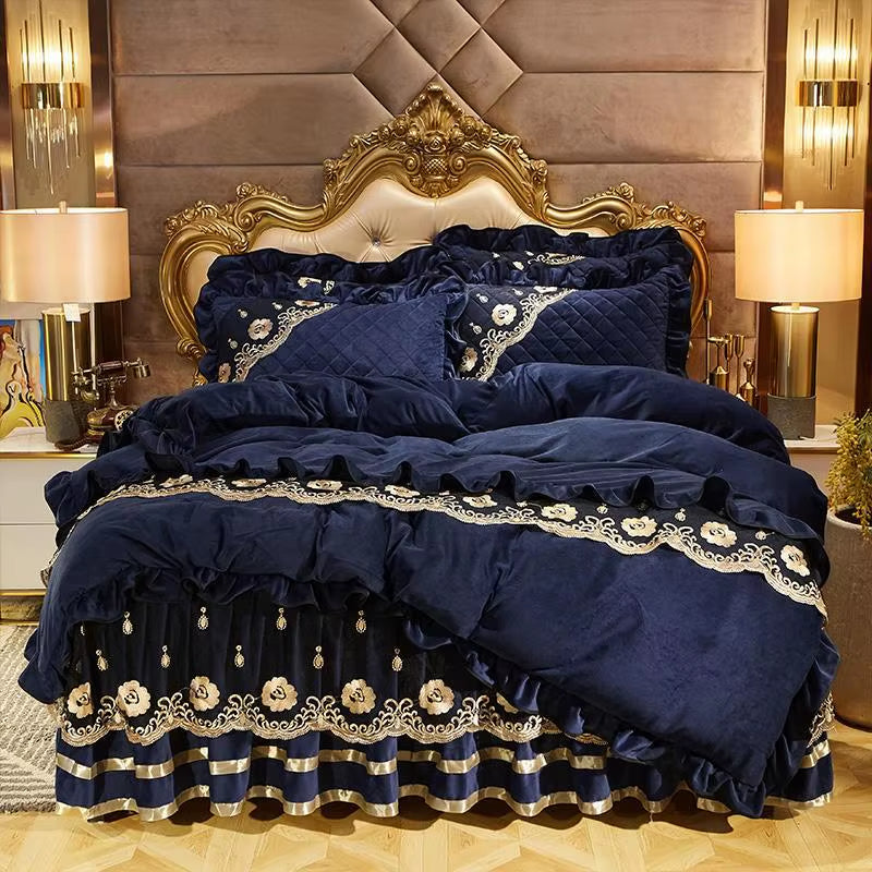 Heavyweight Velvet Duvet Cover Set Soft Warm Luxury Plush Shaggy Lace Bedding Set Quilted Bedskirt Bedspread Pillowcases 4/6Pcs