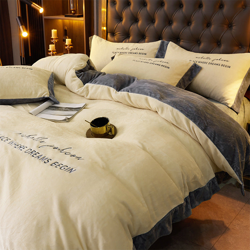 Winter Thick Coral Fleece Quilt Cover Double-sided With Velvet Flannel Bed Sheet Four-piece Set