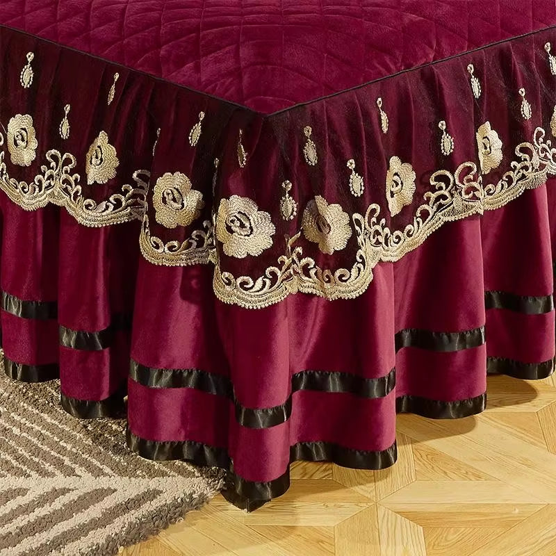 Heavyweight Velvet Duvet Cover Set Soft Warm Luxury Plush Shaggy Lace Bedding Set Quilted Bedskirt Bedspread Pillowcases 4/6Pcs
