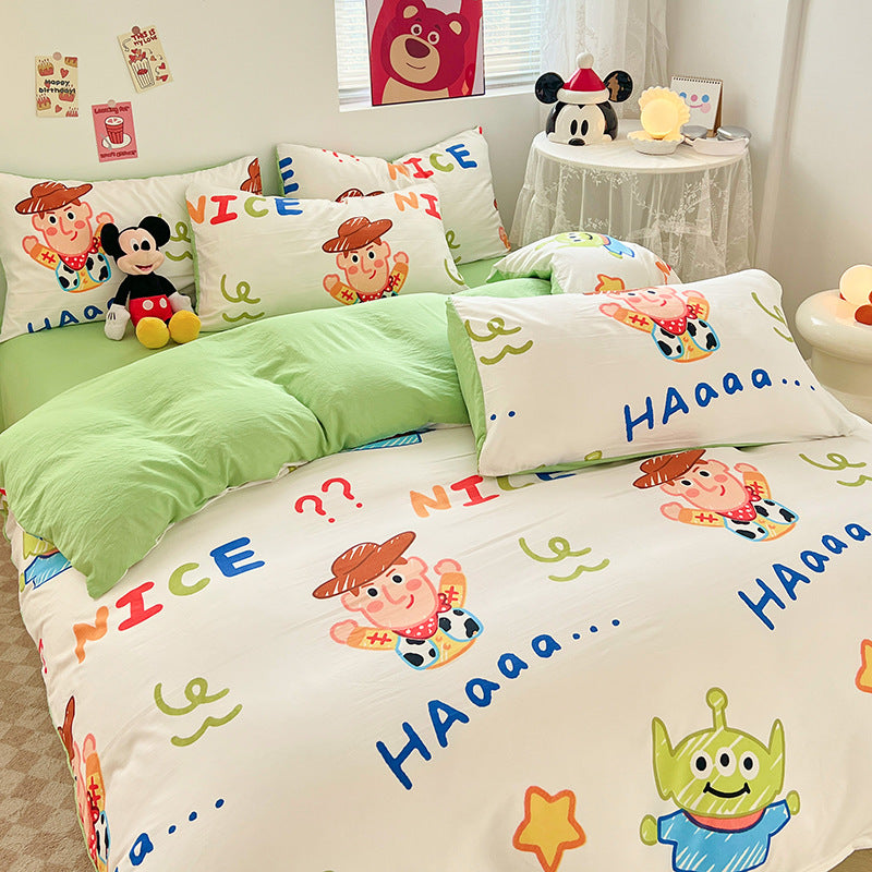 ins naughty Mickey cartoon cute washed cotton spring four-piece bed sheet quilt cover dormitory bedding three-piece set four-piece
