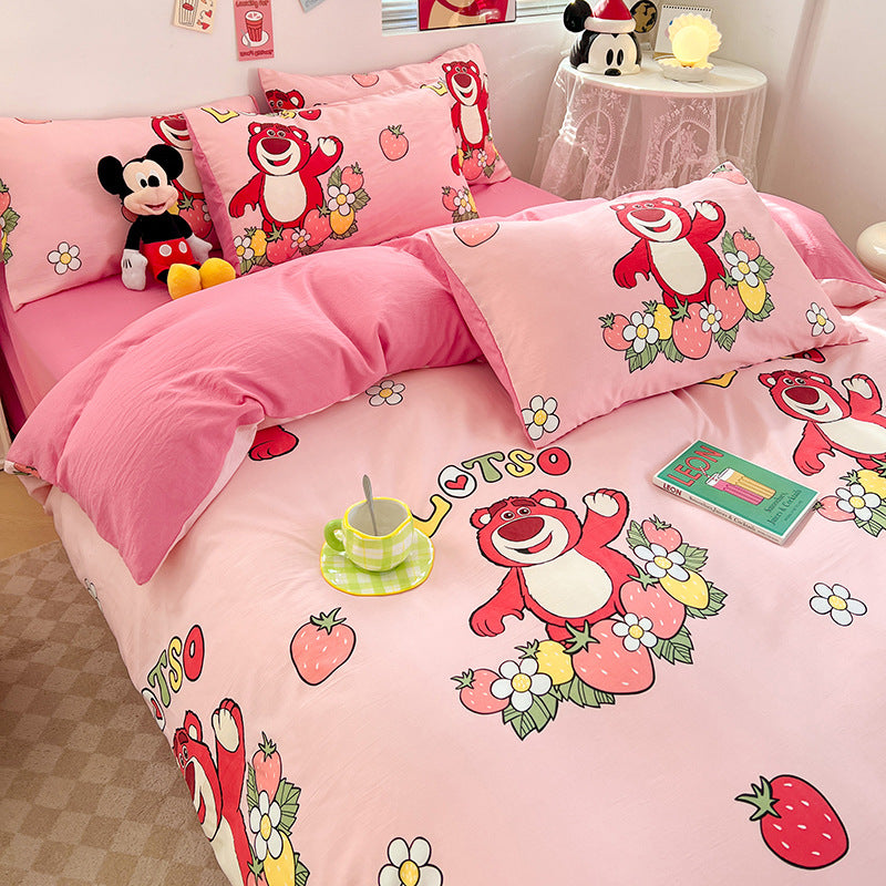 ins naughty Mickey cartoon cute washed cotton spring four-piece bed sheet quilt cover dormitory bedding three-piece set four-piece