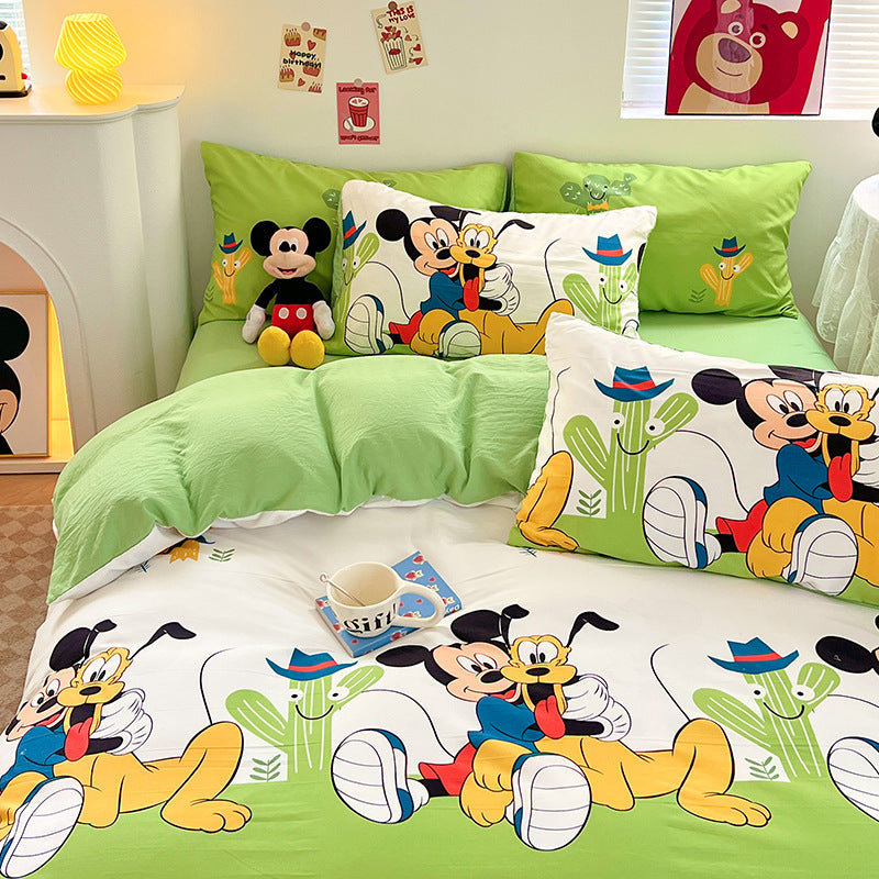 ins naughty Mickey cartoon cute washed cotton spring four-piece bed sheet quilt cover dormitory bedding three-piece set four-piece