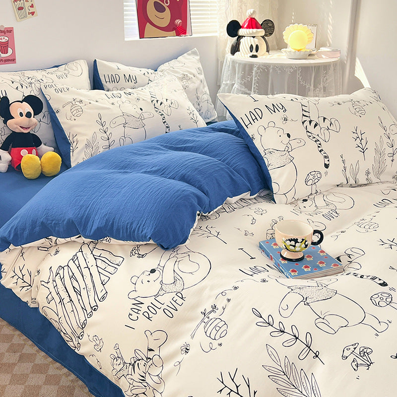 ins naughty Mickey cartoon cute washed cotton spring four-piece bed sheet quilt cover dormitory bedding three-piece set four-piece