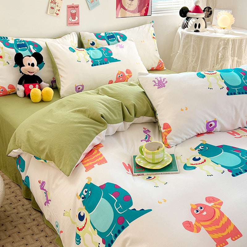 ins naughty Mickey cartoon cute washed cotton spring four-piece bed sheet quilt cover dormitory bedding three-piece set four-piece
