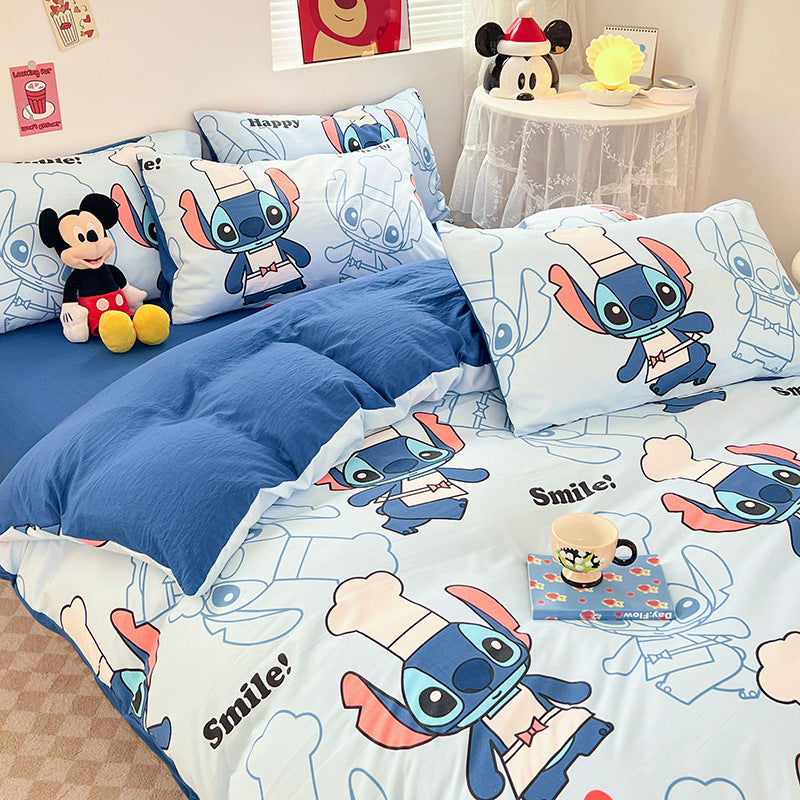 ins naughty Mickey cartoon cute washed cotton spring four-piece bed sheet quilt cover dormitory bedding three-piece set four-piece