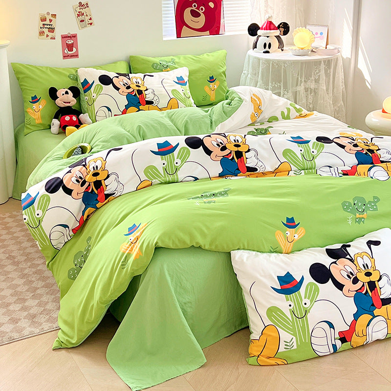 ins naughty Mickey cartoon cute washed cotton spring four-piece bed sheet quilt cover dormitory bedding three-piece set four-piece
