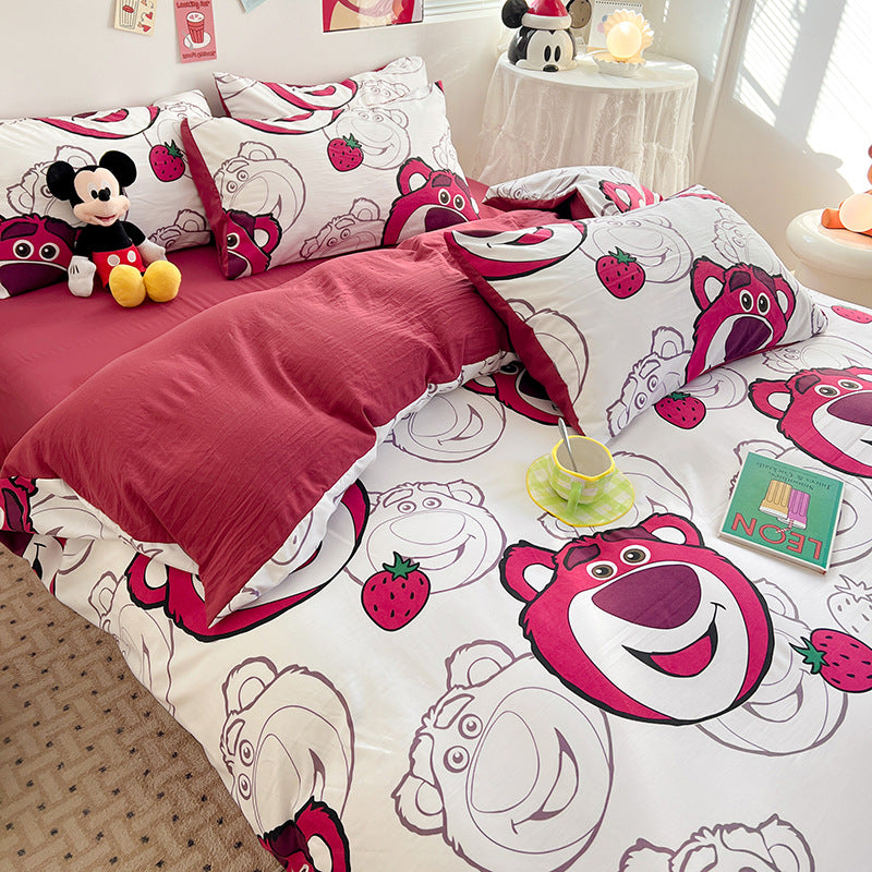ins naughty Mickey cartoon cute washed cotton spring four-piece bed sheet quilt cover dormitory bedding three-piece set four-piece