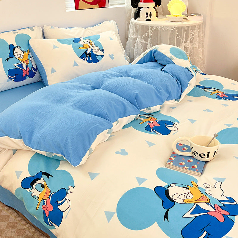 ins naughty Mickey cartoon cute washed cotton spring four-piece bed sheet quilt cover dormitory bedding three-piece set four-piece