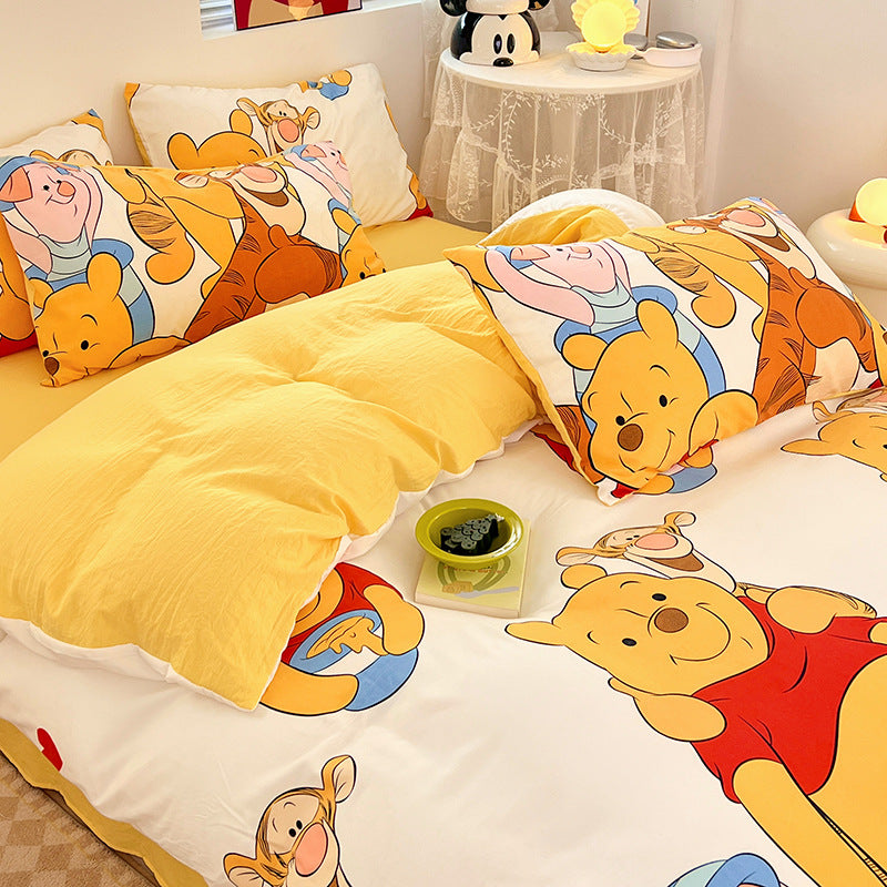 ins naughty Mickey cartoon cute washed cotton spring four-piece bed sheet quilt cover dormitory bedding three-piece set four-piece