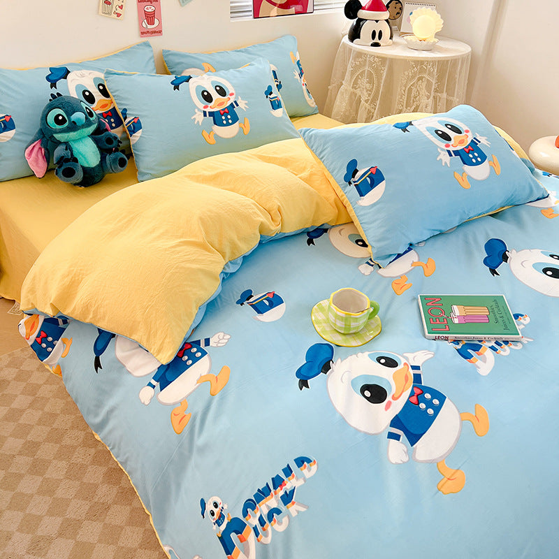 ins naughty Mickey cartoon cute washed cotton spring four-piece bed sheet quilt cover dormitory bedding three-piece set four-piece