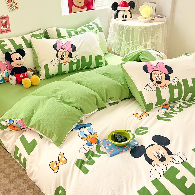 ins naughty Mickey cartoon cute washed cotton spring four-piece bed sheet quilt cover dormitory bedding three-piece set four-piece