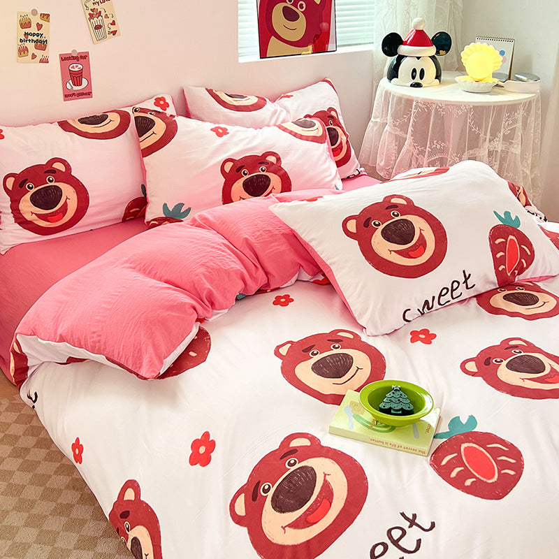 ins naughty Mickey cartoon cute washed cotton spring four-piece bed sheet quilt cover dormitory bedding three-piece set four-piece