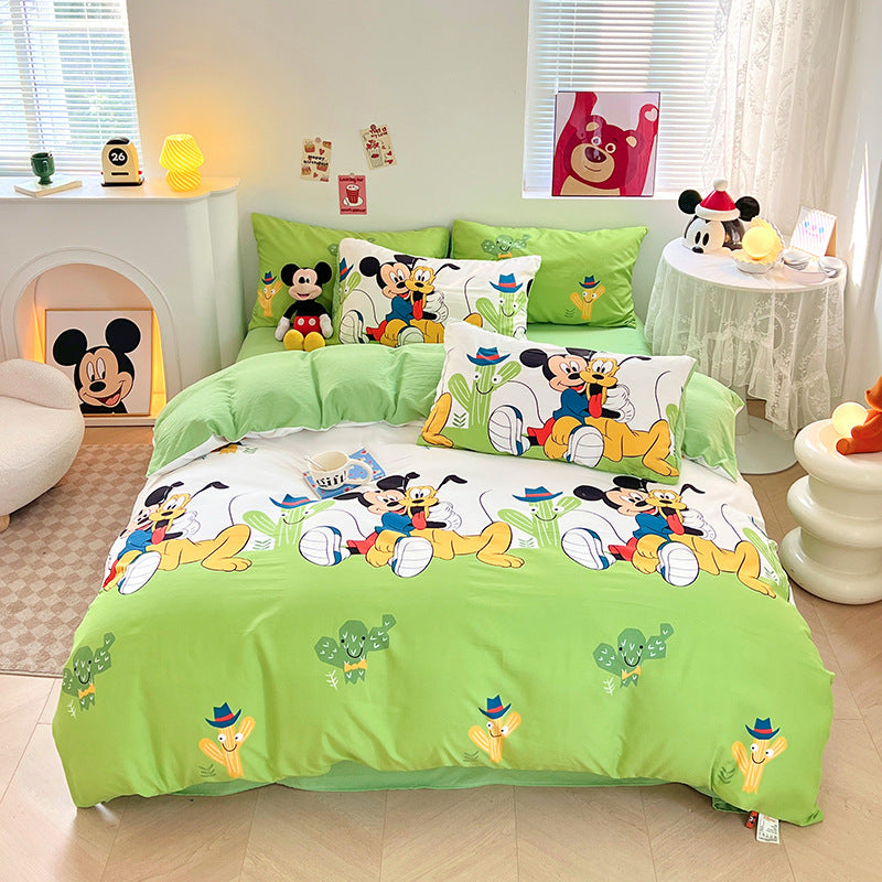 ins naughty Mickey cartoon cute washed cotton spring four-piece bed sheet quilt cover dormitory bedding three-piece set four-piece