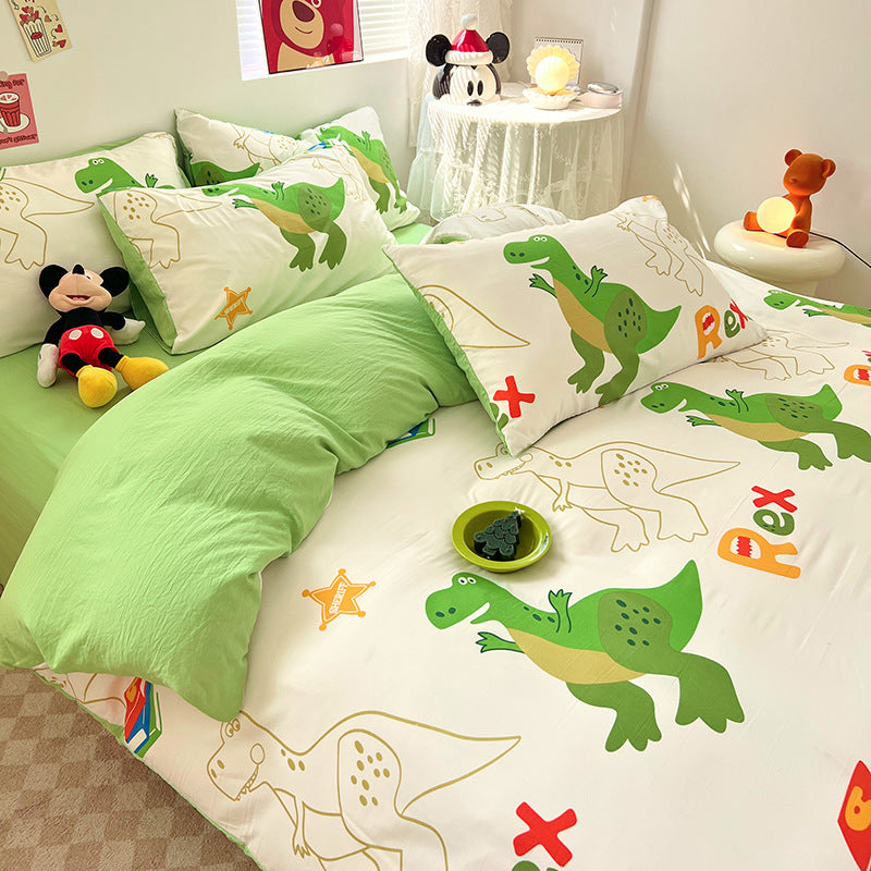 ins naughty Mickey cartoon cute washed cotton spring four-piece bed sheet quilt cover dormitory bedding three-piece set four-piece