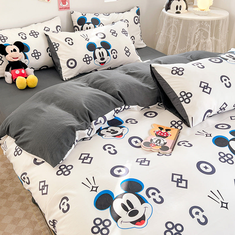 ins naughty Mickey cartoon cute washed cotton spring four-piece bed sheet quilt cover dormitory bedding three-piece set four-piece