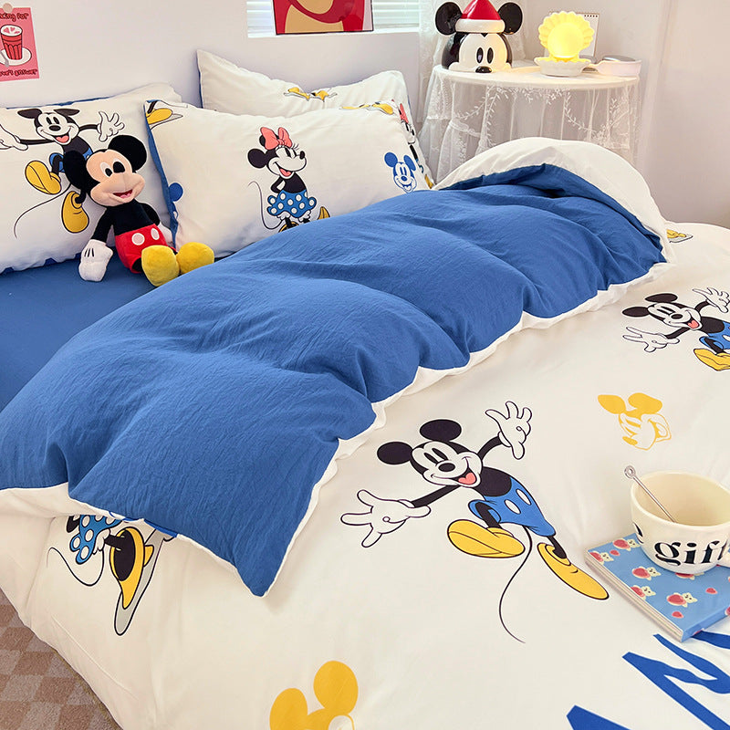 ins naughty Mickey cartoon cute washed cotton spring four-piece bed sheet quilt cover dormitory bedding three-piece set four-piece