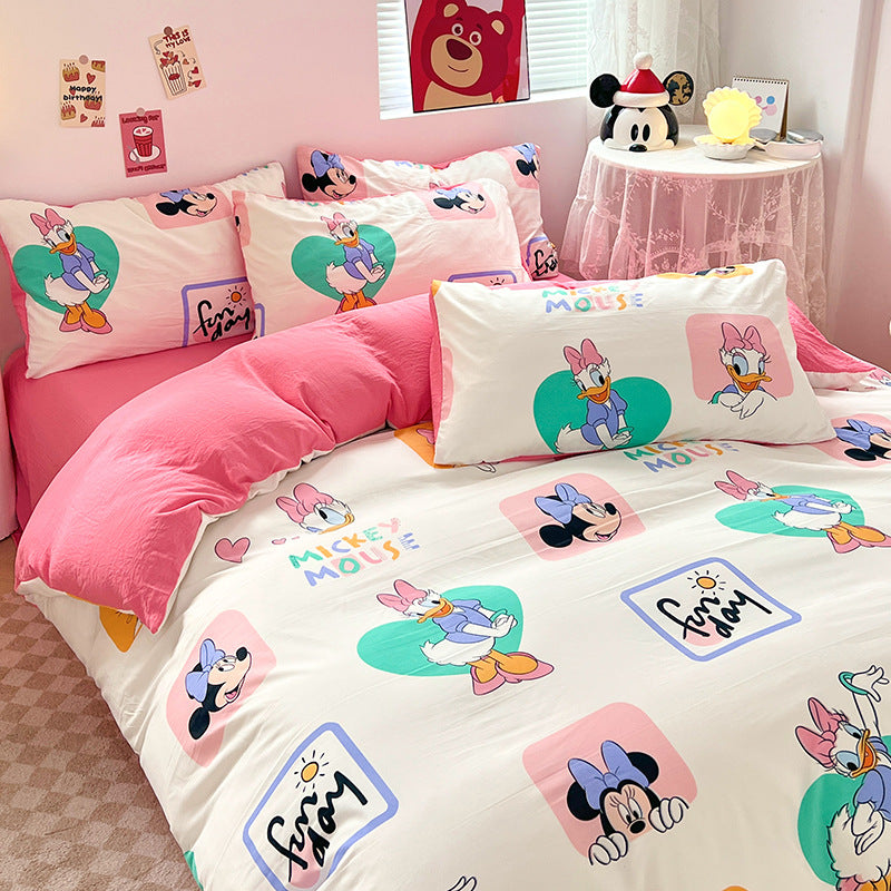 ins naughty Mickey cartoon cute washed cotton spring four-piece bed sheet quilt cover dormitory bedding three-piece set four-piece