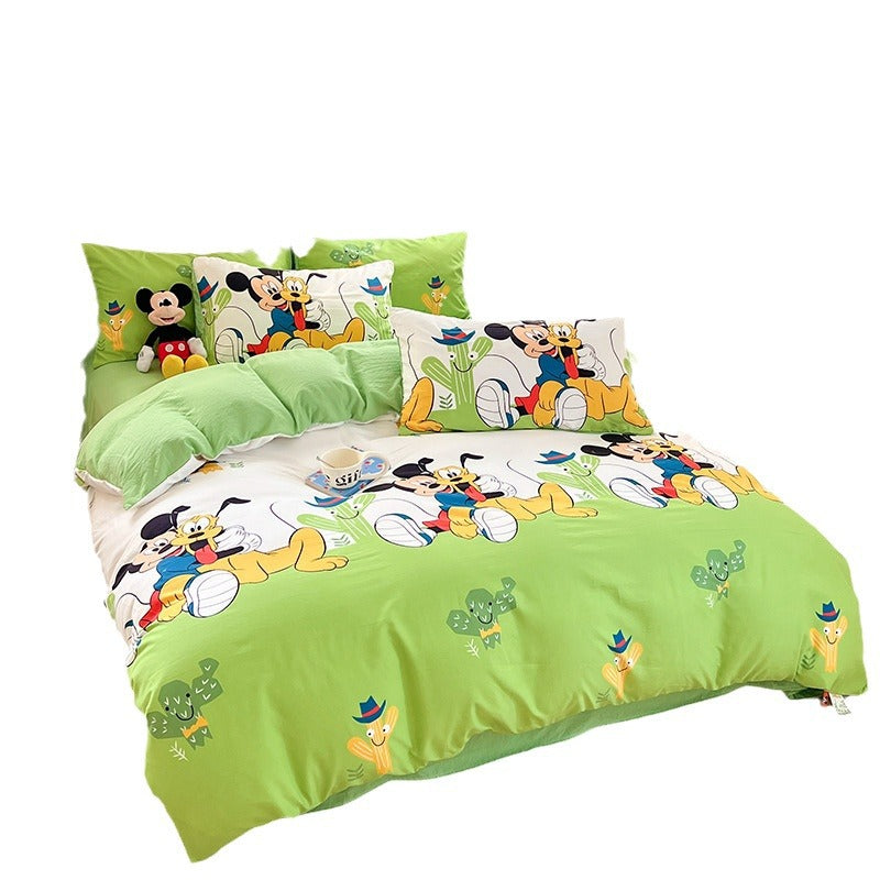 ins naughty Mickey cartoon cute washed cotton spring four-piece bed sheet quilt cover dormitory bedding three-piece set four-piece