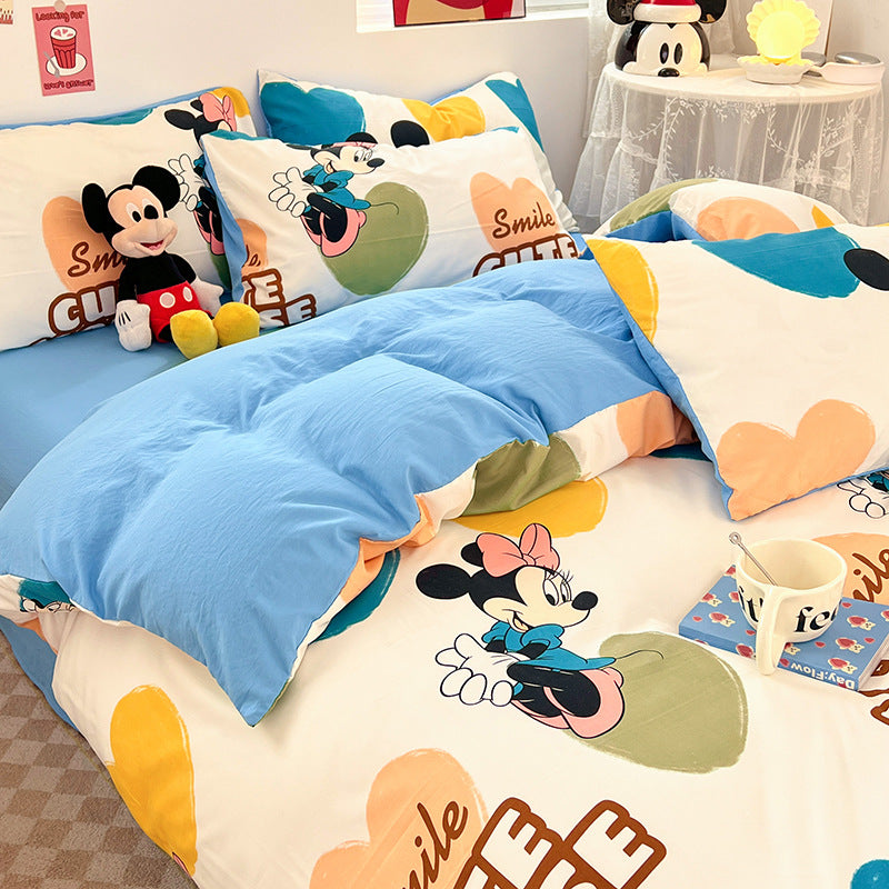 ins naughty Mickey cartoon cute washed cotton spring four-piece bed sheet quilt cover dormitory bedding three-piece set four-piece
