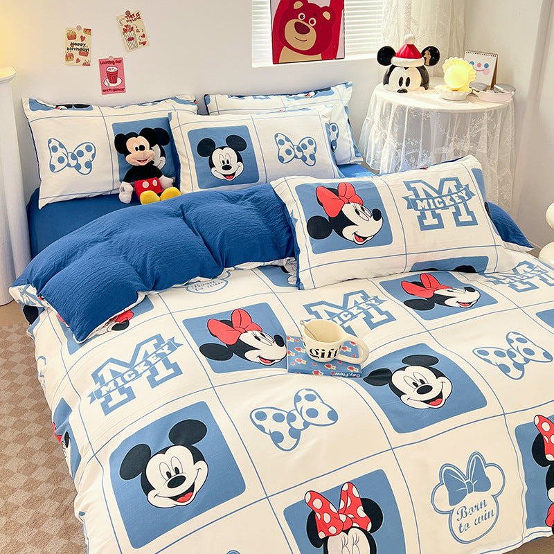 ins naughty Mickey cartoon cute washed cotton spring four-piece bed sheet quilt cover dormitory bedding three-piece set four-piece