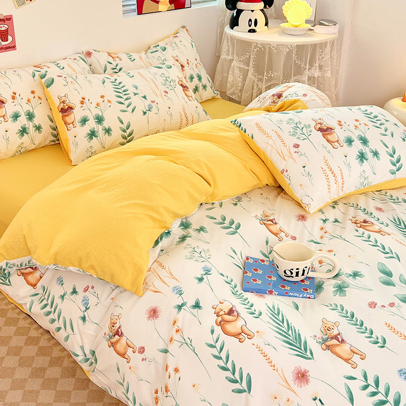 ins naughty Mickey cartoon cute washed cotton spring four-piece bed sheet quilt cover dormitory bedding three-piece set four-piece