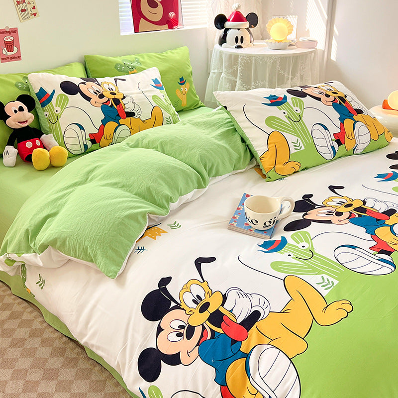 ins naughty Mickey cartoon cute washed cotton spring four-piece bed sheet quilt cover dormitory bedding three-piece set four-piece